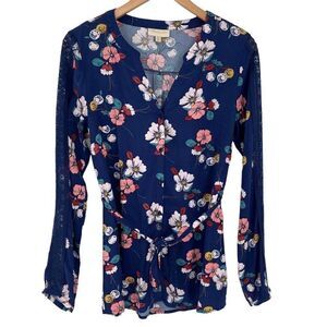 NWOT ModCloth Long Lace‎ Sleeve Tie Belt Floral Blouse Floral Women Medium Blue